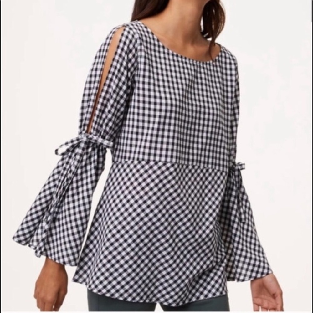 Ann Taylor Loft Black White Gingham Blouse Bell Sl - Picture 1 of 8